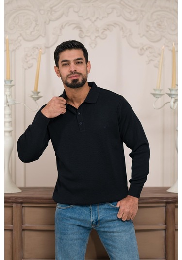 Woolen World Polo Yaka Düz Renk Yünlü Erkek Triko Kazak Lacivert