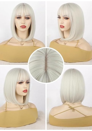 Kadınlar İçin Şık Peruk, Önden Kesilmiş Saç, Kısa Düz Saç, İçe Doğru Bukleli Bob Saç, Şık Kimyasal Elyaf Peruk, Yüksek Sıcaklık İpeği, Ana Resim Rengi Peruk M1534 Platin