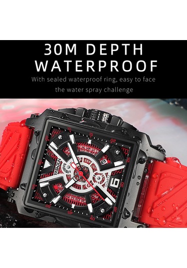 Yashıdun 5071 Şık Kare Kuvars İzle Silikon Kayış Erkekler Aydınlık Bilek Saati - Siyah Kadran / Kırmızı Kayış