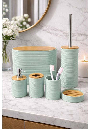 Makri Home 6 Parça Su Yeşili Banyo Seti, Bambu Detaylı, 8l Çöp Kovası 24x26x16 Cm Mint Yeşili