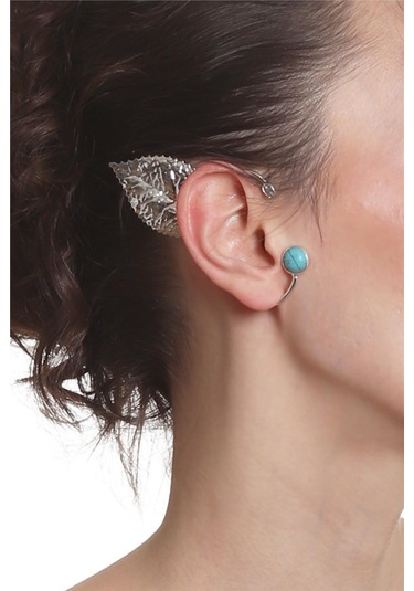 Kadın Gümüş Renk Lak Kaplama Taşlı Dokulu Yaprak Stilizesi Sağ Kulak Earcuff & Kıkırdak Küpe Çok Renkli