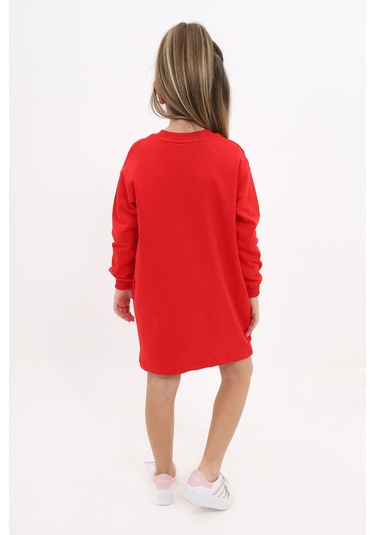 Toontoy Kız Çocuk Bisiklet Yaka Baskılı Elbise Kırmızı