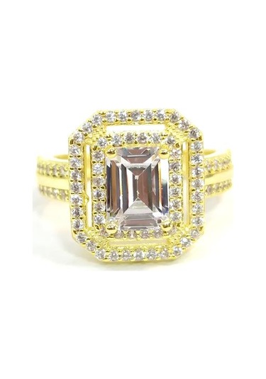 Çift Sıra Geçişli Baget Gümüş Yüzük - Altın Sarı - 19 Beyaz