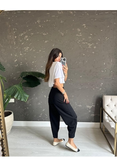 Likralı Krep Kumaş Beli Lastikli Balon Şalvar Pantolon siyah