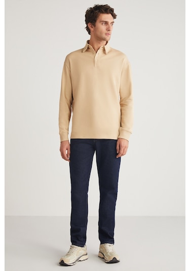 JOHN Erkek Polo Sweat Gömlek Yakalı Arkası Uzun Yırtmaçlı Diagonel Kumaşlı Bej Sweatshirt