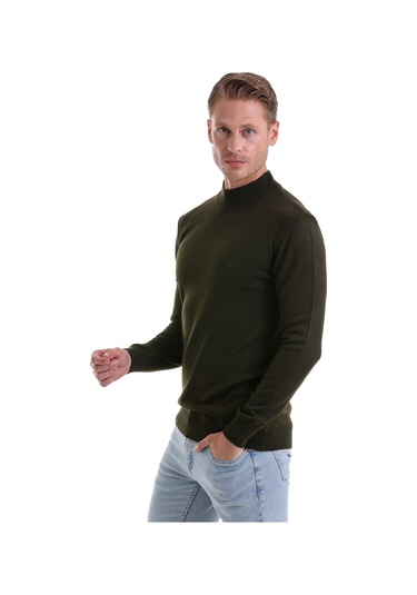 Hatemoğlu Regular Fit Düz Yarım Balıkçı Yaka Erkek Triko Kazak Haki