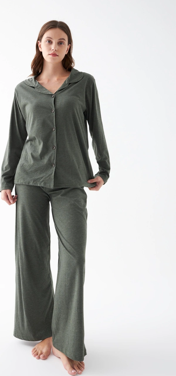 Akbeniz Kadın Haki Düğmeli Pamuklu Pijama Takımı Haki