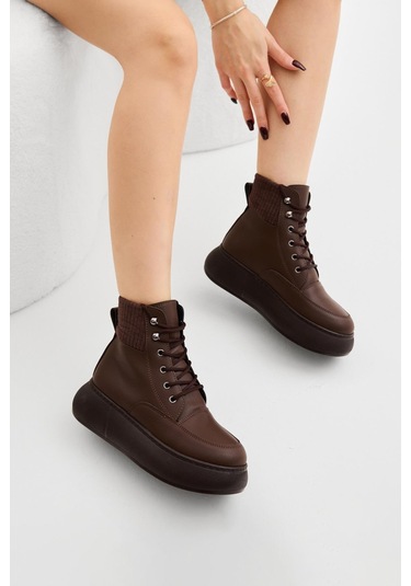 Kalın Poli Taban Lastik Boğazlı Bağcıklı Kadın Kahve Cilt Günlük Bot Tbrds005 Kahve Cilt