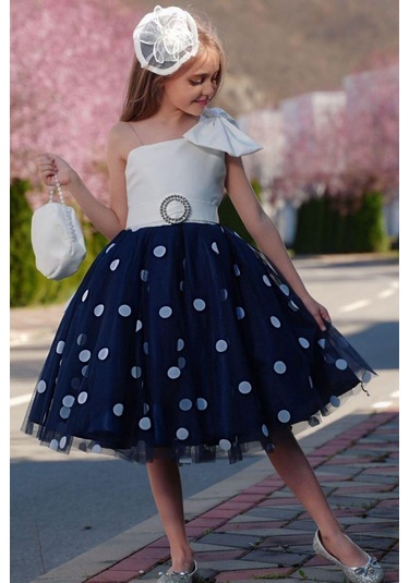 Riccotarz Kız Çocuk Tek Omuzlu Puantiye Detaylı Lacivert Abiye 001