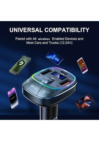 Xuweiwei Gri Laımıcaerın Araba Kablosuz 50 Adaptoru Eller Serbest Arama 8rgb Arka Aydinlatma Pd 30w Usbc Qc 30 Hizli Sarj Tum Araclar Icin Fm Verici