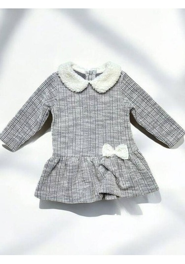 Çikoby Kız Bebek Peluş Detaylı Desenli Elbise-14889 Gri