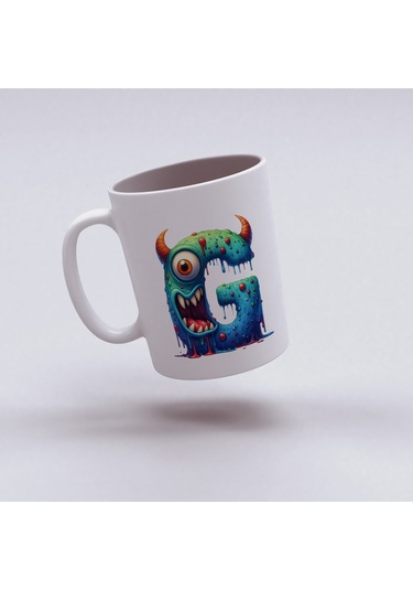 G Harfi Bardak, Sevimli Canavarlar Harflı Bardak Hediyesi Porselen Beyaz