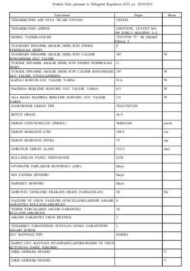 Vestel 75UV9750 75'' 189 Ekran 4K Smart Vidaa TV