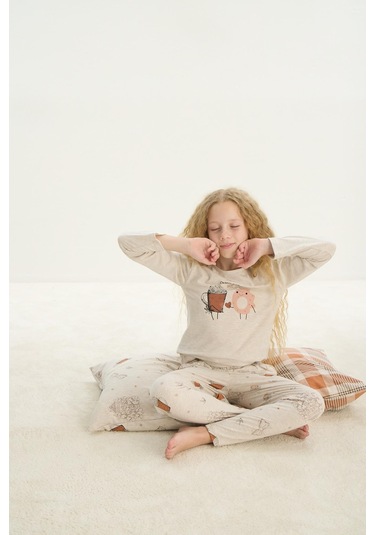 Sevim Kız Çocuk Uzun Kol Bej Melanj Pijama Takım C2t1n7o8 001