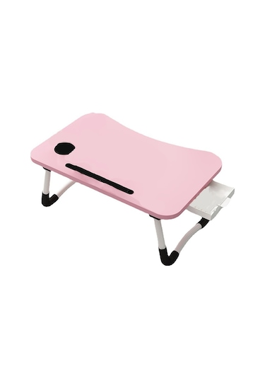 Tablet Ve Bardak Tutuculu Yatak İçin Dizüstü Bilgisayar Masası, Yan Çekmece, Katlanabilir, 60 X 40 X 28cm, Pembe
