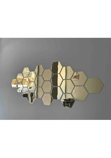 Altıgen Bal Peteği 12'li Aynalı Gold Pleksi Duvar Dekorasyon Ürünü