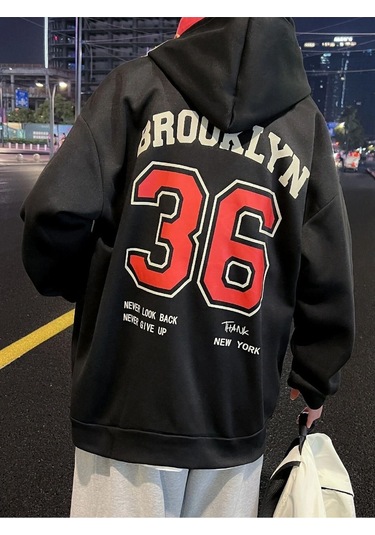 Unisex Oversize Brooklyn 36 Baskılı Kapüşonlu Sweatshirt Siyah