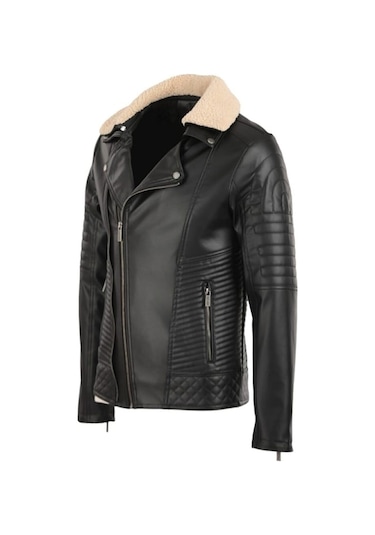 Oliggopol Erkek Siyah Kuzey Yaka Kürklü Slim Fit Deri Ceket Mont Siyah