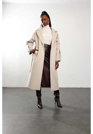 Bej Kuşaklı Kaşe Palto 1146 Bej