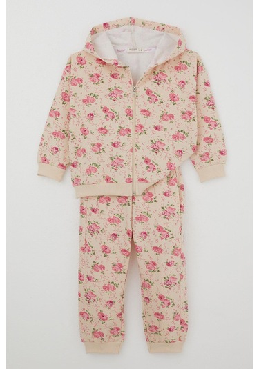 Breeze Kız Çocuk Eşofman Takımı Çiçek Desenli Kapüşonlu 1.5-5 Yaş, Krem Krem