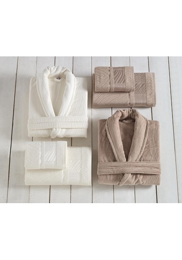 Durul Kadife Jakarlı Aile Bornoz Seti / Kahverengi - Krem