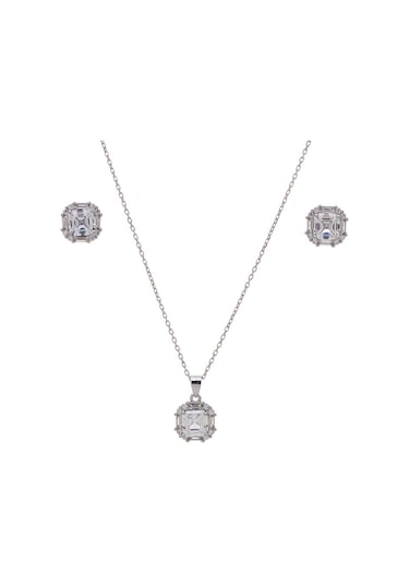 6 Mm Kare Zirkon Taşlı 925 Ayar Gümüş Kadın 2'li Set Gümüş