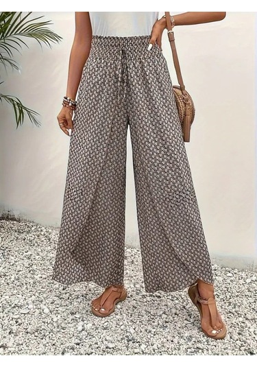 The İstanbul Kadın Yüksek Bel Lastikli Önden Iki Parçalı Desenli Bürümcük Pantolon Bej