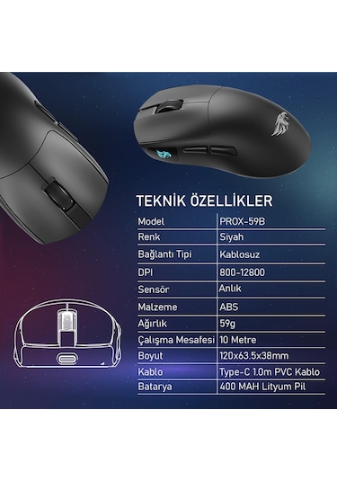 Gameagle PROX-59B Ultra Hafif Kablosuz 3 Mode Oyuncu Optik Mouse