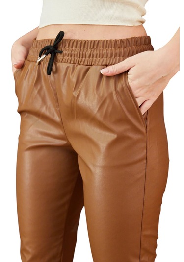 Paça Lastikli Deri Pantolon Taba