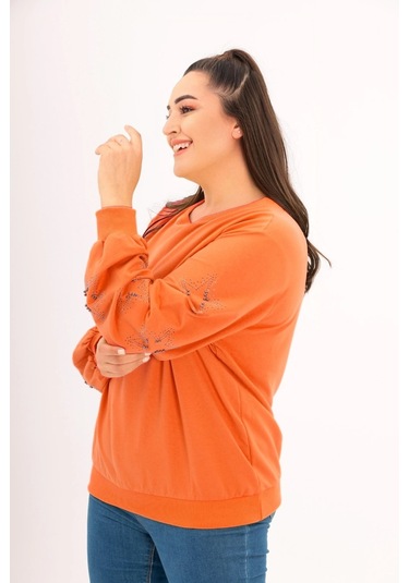 Kolları Yıldız Taş Baskılı Sweatshirt Turuncu