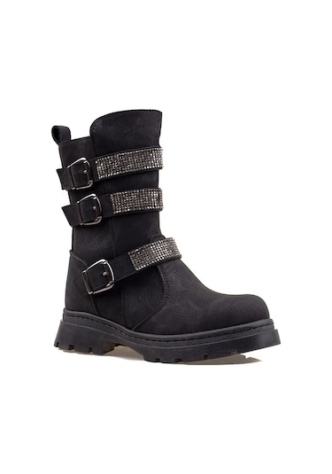 Sema Siyah Taşlı Kauçuk Taban Kız Çocuk Fermuarlı Bot Siyah