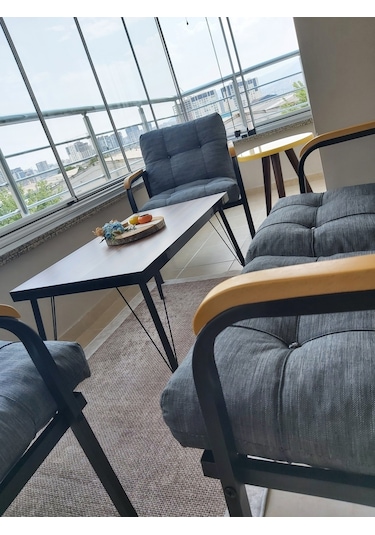 Modern Jüpiter Balkon, Bahçe, Cafe - Metal Kanepe Koltuk Takımı - 2+1+1 + Sehpa Antrasit Modernsh59 Antrasit