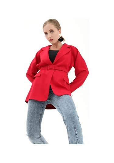 Düşük Omuz Kemerli Atlas Kumaş Blazer Ceket - Kırmızı-kırmızı Kırmızı