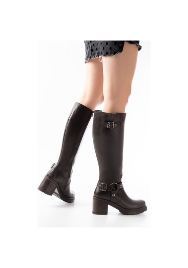 767-3005 Kahverengi Toka Aksesuarlı Fermuarlı Günlük Kalın Topuk Kahverengi