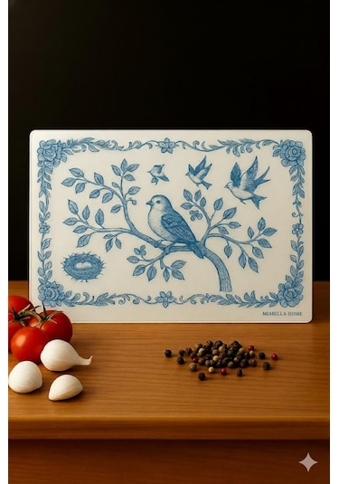 Cam Kesme Tahtası Sofra & Mutfak Kesme Tahtası Sunum Tahtası Cam Doğrama Tahtası Sunumluk Beyaz - Mavi