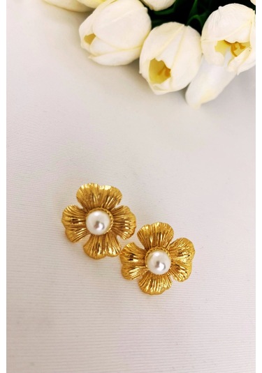 Çizgili Çiçek Gold Küpe Çok Renkli
