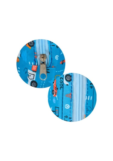 Temel Taşıt Desenli Okyanus Mavisi Tek Gözlü Kalem Çantası Çok Renkli