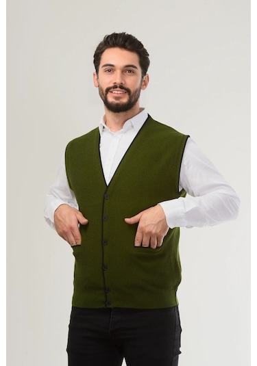 Kamalı Haki Erkek V Yaka Triko Düğmeli Cepli Çizgi Desenli Regular Fit Tüylenmeyen Örgü Yelek Haki