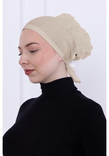 Fırfırlı Önden Dikişli Penye Bone - Kadın Tesettür Bağlamalı Topuz İç Bone-krem Krem