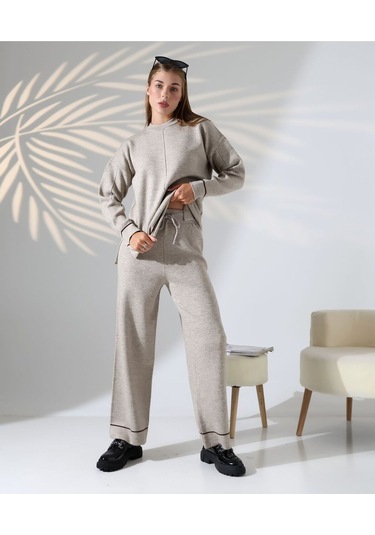 Kontrast Dikişli Kadın Triko Takım Vizon