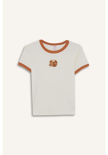 Defacto Fitted Bisiklet Yaka Baskılı Kısa Kollu Ribana Üst-fall İn Love G0364ax25auer98 Ekru