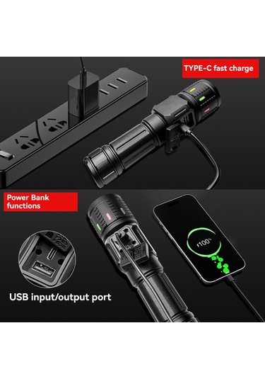 Geeksen 20w Usb Type-c Şarjlı 2000lm Led Feneri, 500m Menzil, Çift Işık Kaynağı Beyaz Lazer+cob , Teleskopik Yakınlaştırma, 9 Seviye Parlaklık, Alüminyum, 26650 Pil Siyah