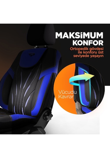 Panda Pars Serisi Deri Oto Koltuk Kılıfı - Mavi - Siyah