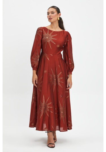 Parlak Yıldız Desenli Elbise - Zamansız Tasarım Ve Şık Detaylar Kiremit