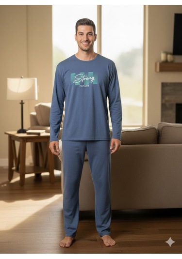 Erkek Mavi Uzun Kol Pijama Takım Açık Mavi