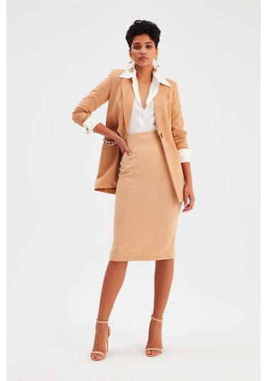 Sateen Düz Kalem Etek - Açık Camel