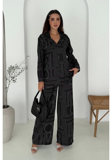 Geometrik Desen Modal Saten Takım Siyah Siyah