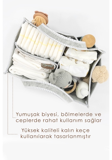 Mordesign Çok Amaçlı Kalın Keçe Anne Bebek Bakım Çantası Dolap İçi Organizer Scotch Serisi Gri