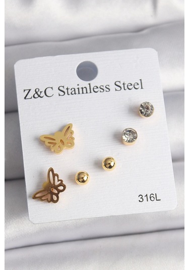 316l Çelik Gold Renk Zirkon Taşlı Kelebek Figür Kadın Küpe Seti