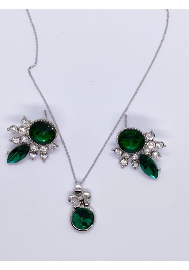 Sapphire Store Gümüş Renk Yeşil Taşlı Kolye Küpe Seti Gümüş